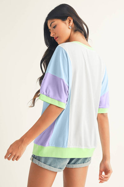 LDC Color Block Patchwork Half Sleeve Oversized T Shirt: Purple