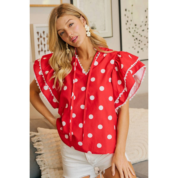 POLKA DOT PRINTED RUFFLE TRIM EDGE BLOUSE TOP: RED / S