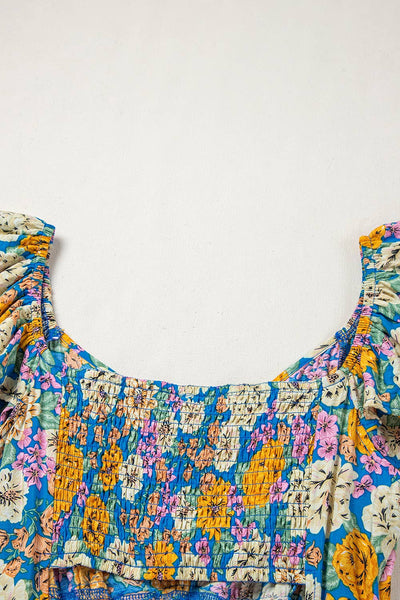 Floral Shirred Cut Out High Waist Jumpsuit: