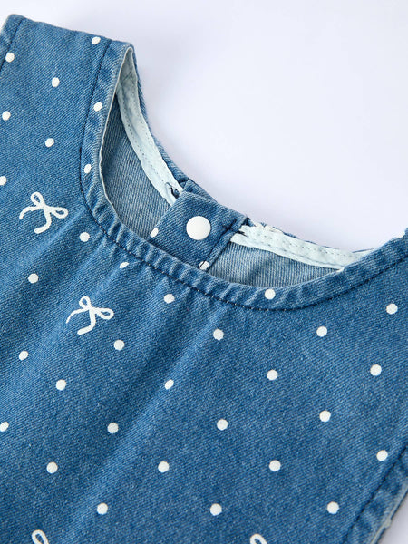 Spring Bow Dot Denim Ruffle Top and Pants Set