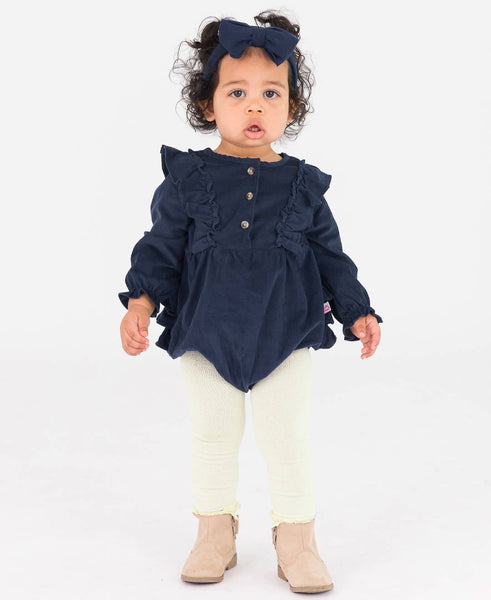 Baby Girls Dark Navy Stretch Corduroy Waterfall Bubble Romper: Blue / 0-3m