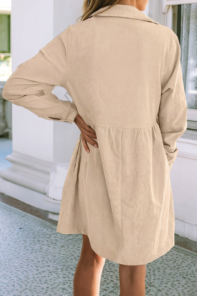 LDC Corduroy Half Button Collared Long Sleeve Mini Dress: Oatmeal