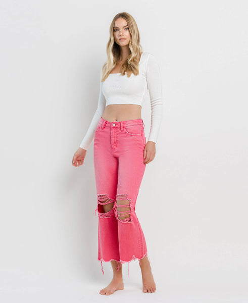 90'S VINTAGE SUPER HIGH RISE CROP FLARE JEANS V2736HP: HOT PINK