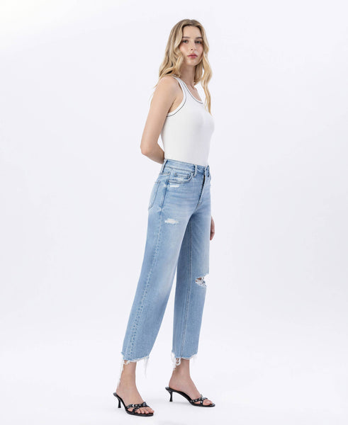 HIGH RISE DISTRESSED CROP SLIM WIDE JEANS F6037: EZRA