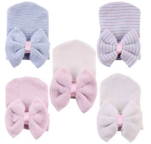 Newborn Hospital Hat, Gender Reveal, Embroidery, Monogram: White Pink / Satin Bow