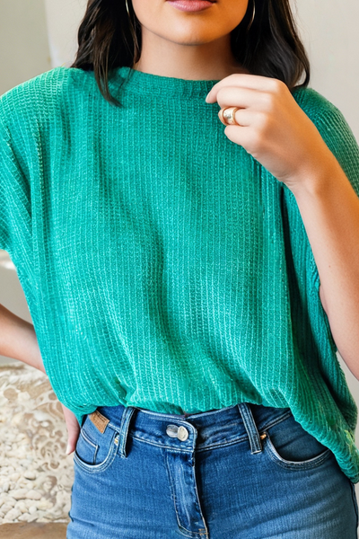 LDC Waffle Textured Knit Dolman Short Sleeve Sweater: Sea Green