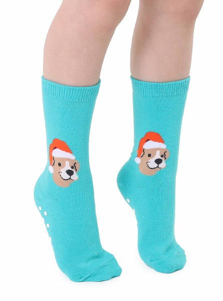 3D Packaged Crew Socks - Kids - Holiday - Santa Puppy -Teal