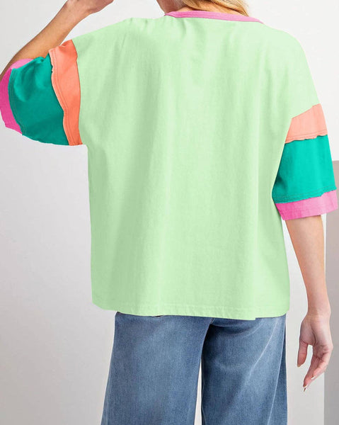 Colorblock 3/4 Sleeve Oversize Top: Pink