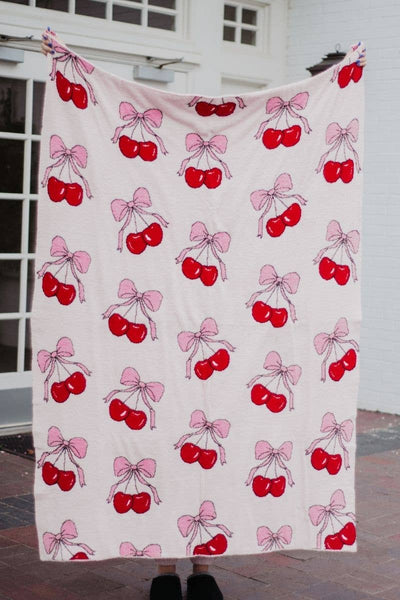 Cherry Bows All Over Soft Wholesale Blanket: Light Pink