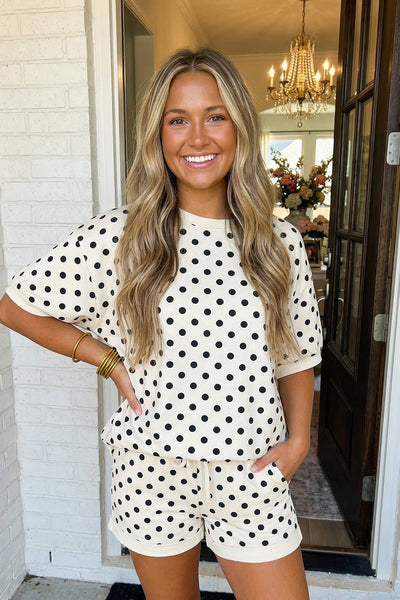 LAS Polka Dot Print Top Drawstring Shorts Set Beige