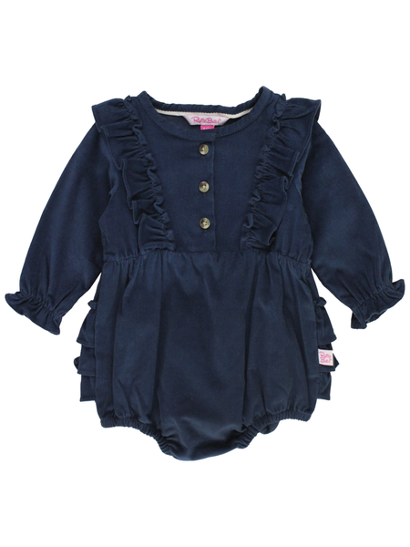 Baby Girls Dark Navy Stretch Corduroy Waterfall Bubble Romper: Blue / 0-3m