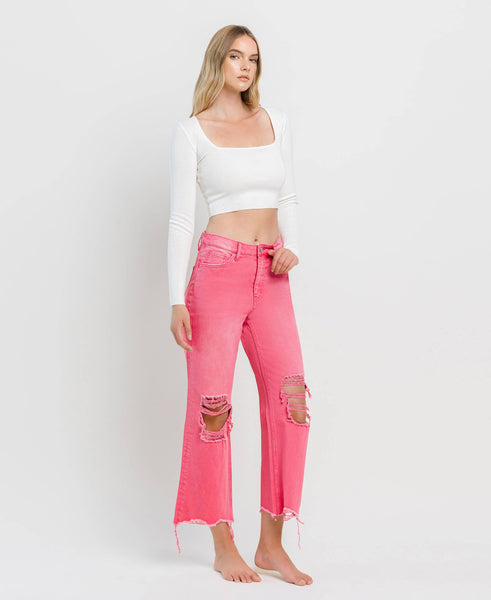 90'S VINTAGE SUPER HIGH RISE CROP FLARE JEANS V2736HP: HOT PINK