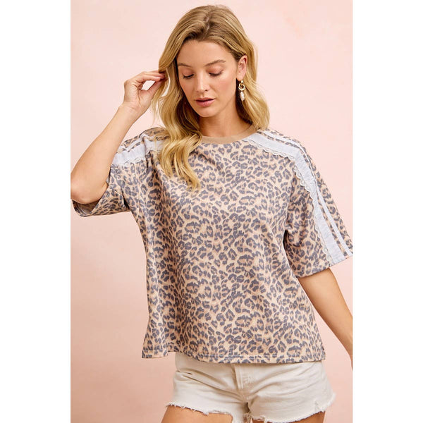 LEOPARD TERRY SIDE DETAIL SHORT SLEEVES TOP: