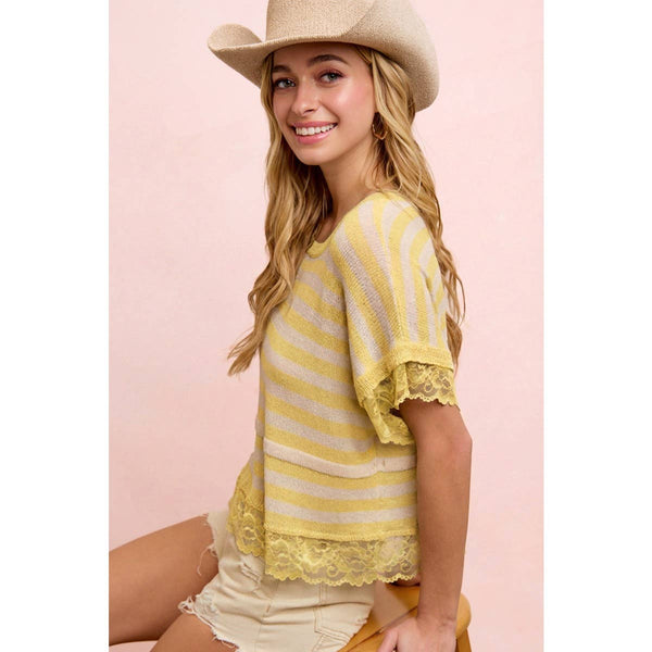 STRIPED CONTRAST LACE DETAIL LIGHTWEIGHT KNIT TOP: PALE BANANA / M