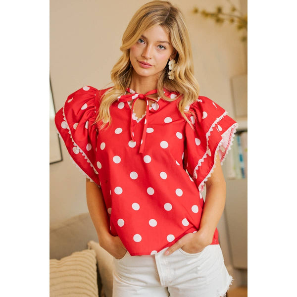POLKA DOT PRINTED RUFFLE TRIM EDGE BLOUSE TOP: RED / S