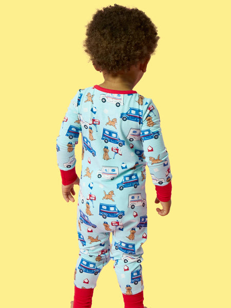 SoftSnooze™ Baby Bamboo Viscose Postal Pups Mail Convertible One Piece Footie Pajama: Blue
