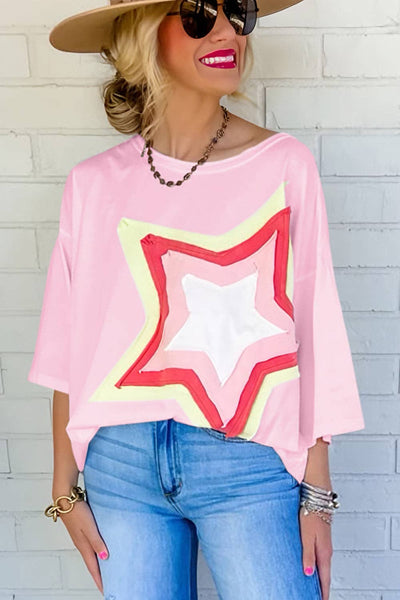 Colorblock Star Patched Half Sleeve Oversized Tee pink