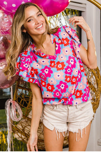 Flower printed woven printed vneck top