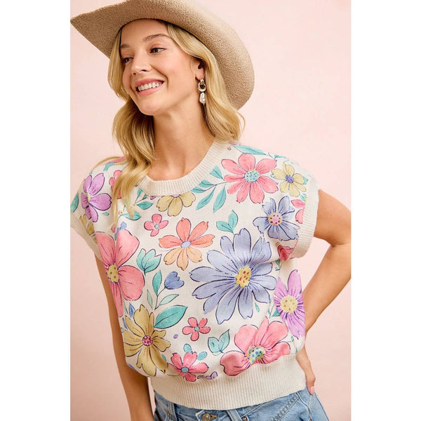 FLOWER ARTWORK PRINTED COZY KNIT TOP: FLOWER / 2X