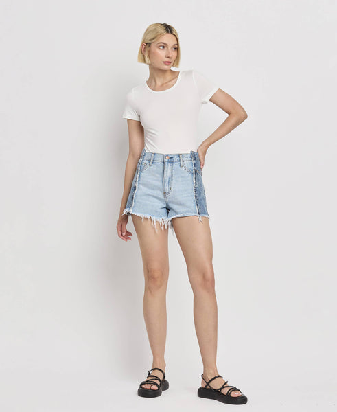 HIGH RISE TWO TONE PATCH DENIM SHORTS BY4330: FUTURESTIC