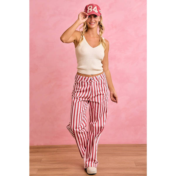 GAMEDAY THEME STRIPE HIGH RISE FLARE PANTS: RED