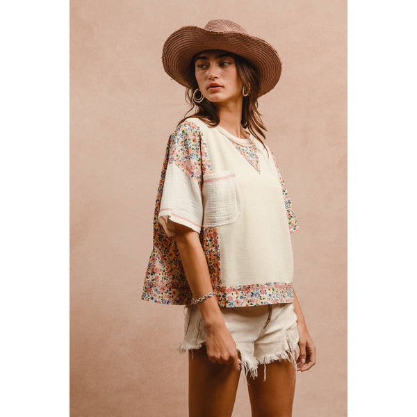 THERMAL AND GAUZE WITH FLORAL MIX AND MATCH TOP: IVORY