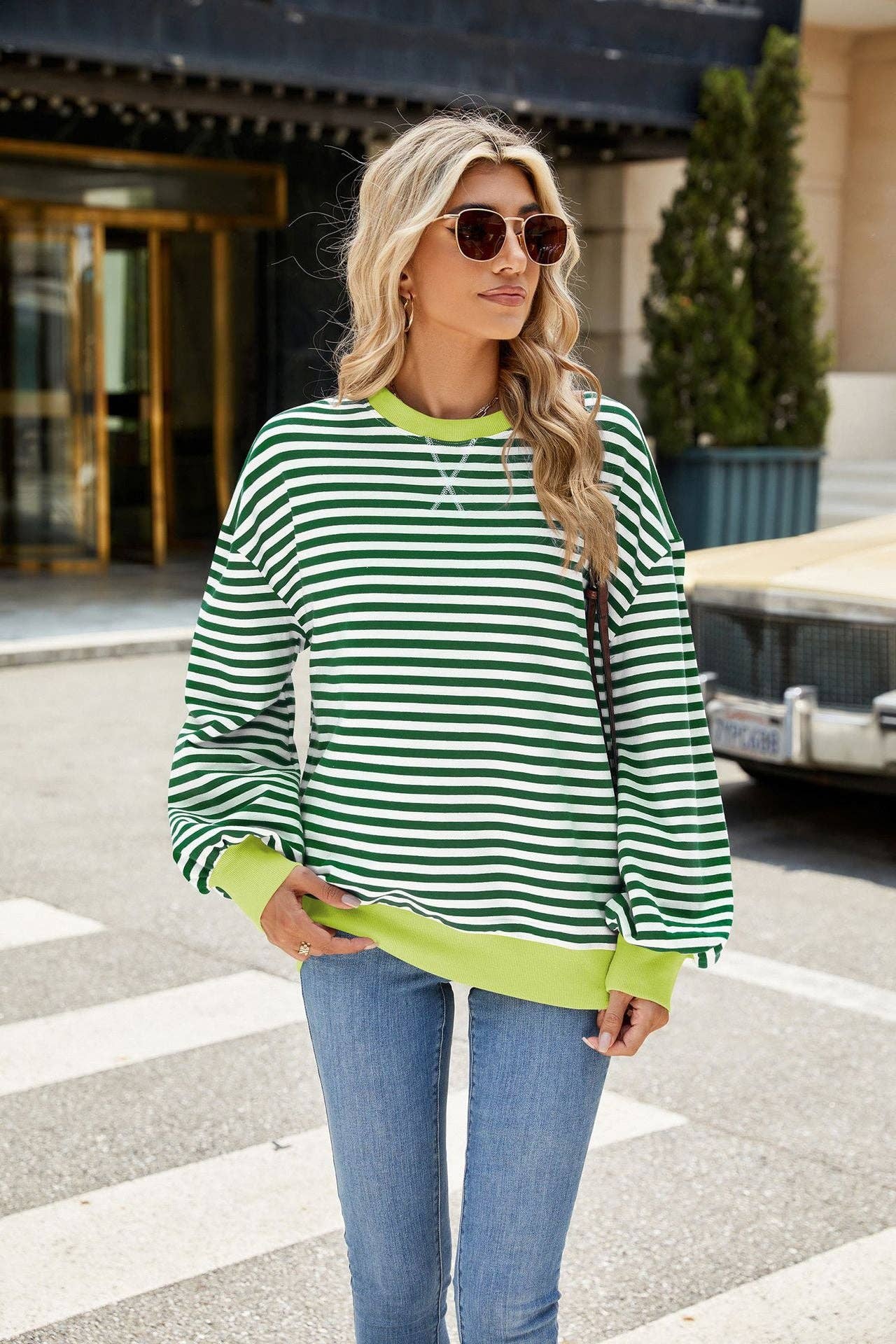 Striped Crew Neck Contrast Color Loose Long Sleeve Sweater: Green and white stripes