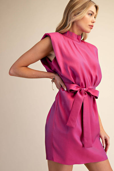 Mock Neck Shoulder Padded Waist Tie Mini Satin Dress: Red