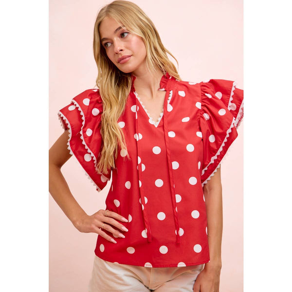 POLKA DOT PRINTED RUFFLE TRIM EDGE BLOUSE TOP: RED / S