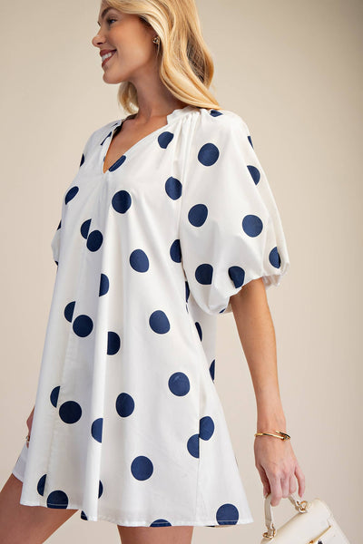 Puff-Sleeve Mini Shift Dress: Navy