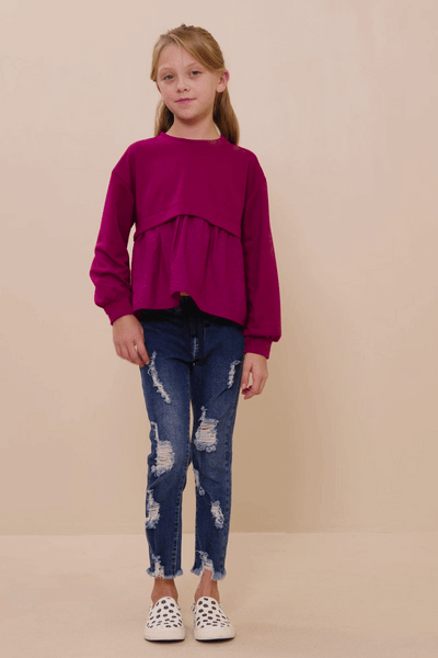 Girls Mix Media French Terry Knit Top: Berry