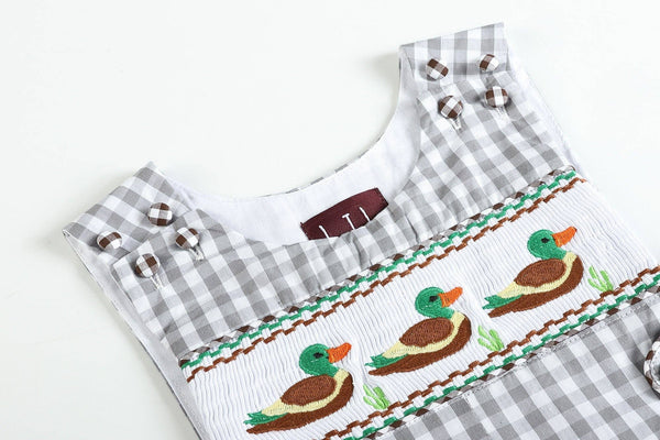 Gray Gingham Mallard Smocked Overalls