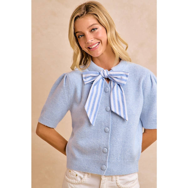 WOMENS LIGHT BLUE BOW TIE SHORT SLEEVE KNIT CARDIGAN