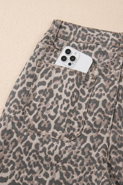 LDC Leopard Frayed Edge Wide Leg High Waist Jeans: Brown