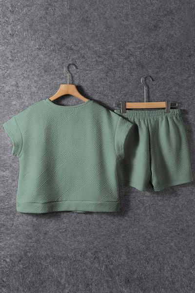 Plus Size Textured Short Sleeve Top Drawstring Shorts Set: Mineral Blue
