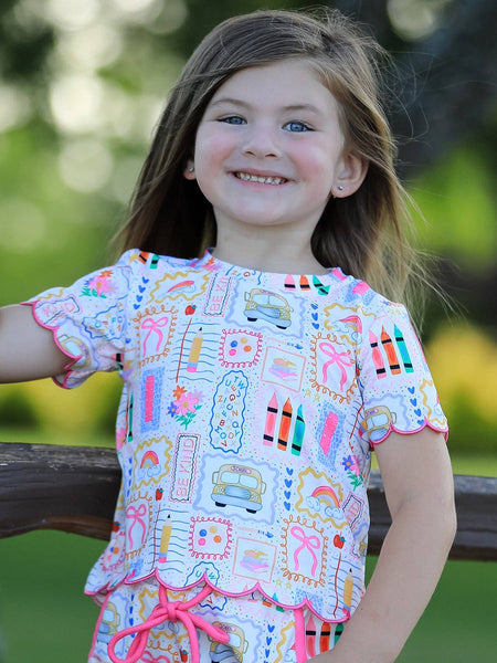Back to School Print Girl Short Set Scallop Hem: