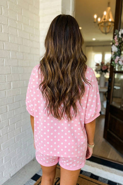 LAS Polka Dot Print Top Drawstring Shorts Set Pink