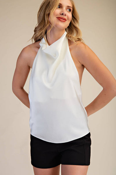 Halter Neck Cowl Neck Sleeveless Openback Satin Top: Dusty Blue / S