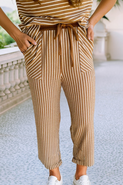 Striped Drawstring Waist Cropped Pants SetKhaki Stripe