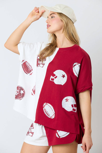 Game Day Helmet&football Color Block Top: WHITE/CRIMSON