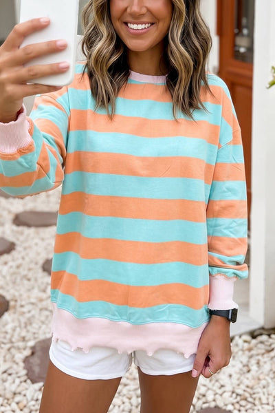 LDC Colorblock Striped Patchwork Shift Pullover Blouse: Orange Stripe
