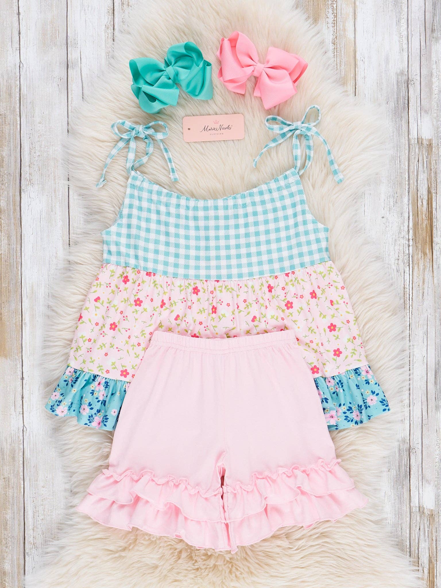 Turquoise Gingham & Pink Florals Ruffle Outfit: