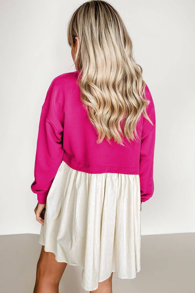 Women 2-tone Sweatshirt Loose Fit Ruffled Mini Dress pink
