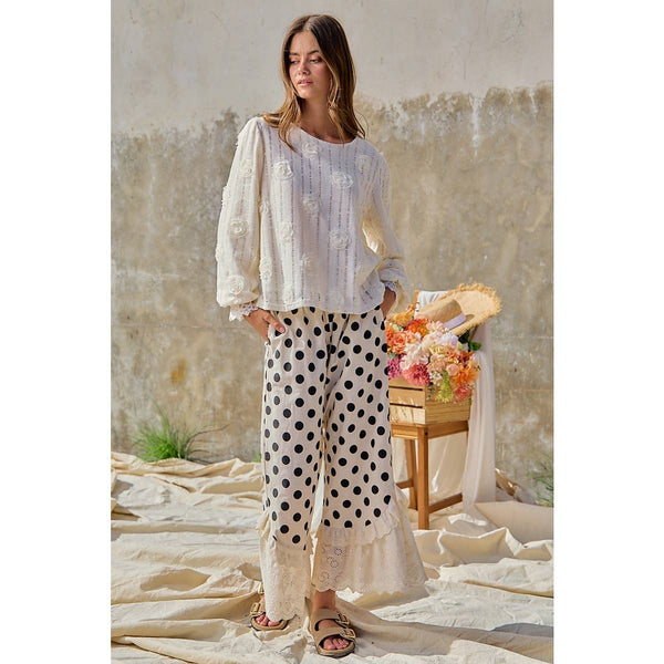 LINEN BLEND POLKA DOT PRINTED RUFFLE LACE HEM PANTS: CREAM/BLACK