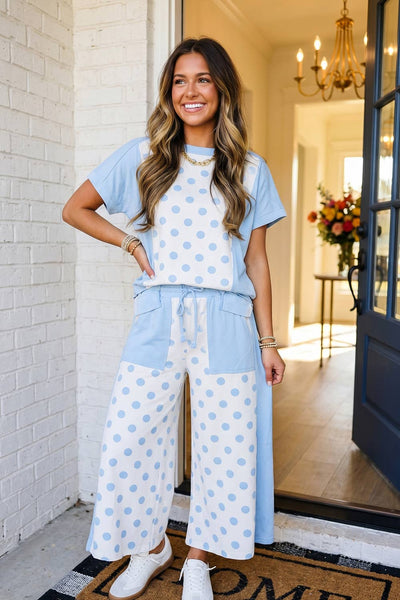 LAS Polka Dot Print Top Drawstring Pants Set Sky Blue