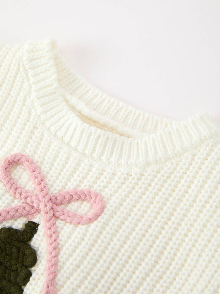 Winter Christmas Tree Girls Knit Romper Bow Long Sleeve: