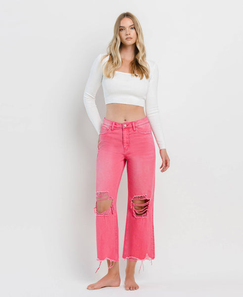 90'S VINTAGE SUPER HIGH RISE CROP FLARE JEANS V2736HP: HOT PINK