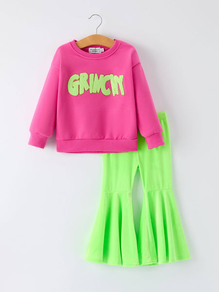 Christmas Party Outfit for Girls – Pink Letter Long Sleeve Top with Pants: