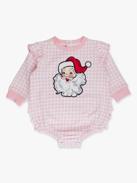 Santa Pink Gingham Applique Sweatshirt Bubble Romper: Pink