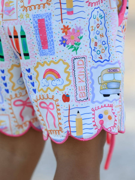 Back to School Print Girl Short Set Scallop Hem: